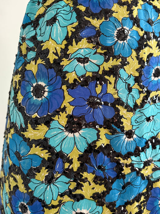 Sophisticated Late 1950's Silk Floral Print Cocktail Dress With Black Sequins By Hannah Troy / M