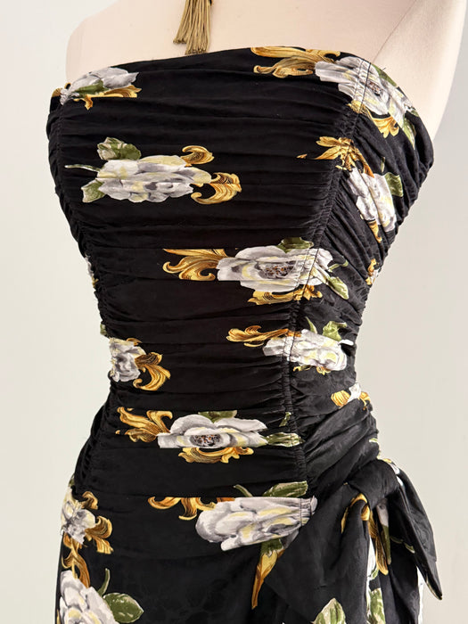 Glamorous 1980's Gilt Rose Print Strapless Silk Cocktail Dress / Small