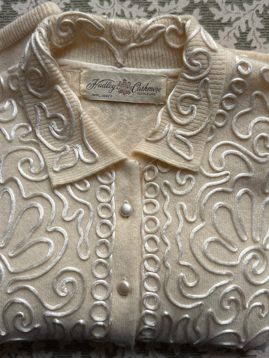 Marvelous 1950's Ivory Pearl Soutache Cashmere Cardigan By Hadley / SM