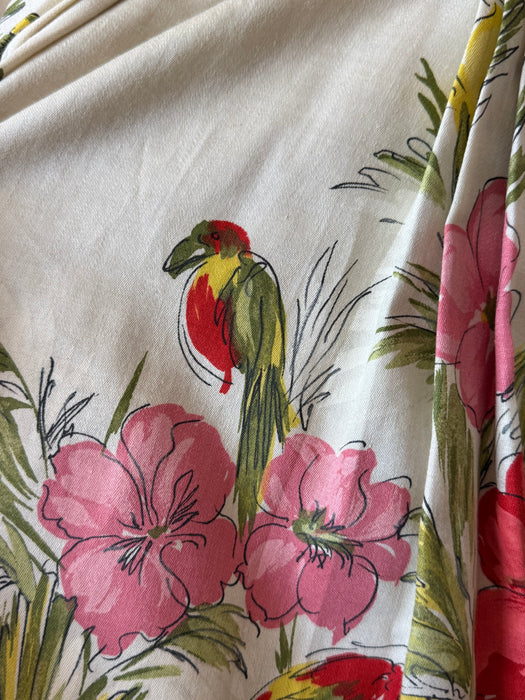 Gorgeous Late 1950's Birds & Flowers Polished Cotton Party Dress / SM