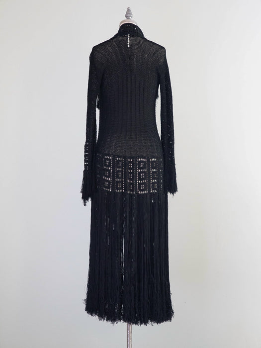 Sinuous 1920’s Black Silk Geometic Crochet Fringed Evening Dress Robe / Small