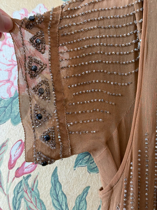 Rare Autumnal 1920's Beaded Silk Flapper Dress / SM