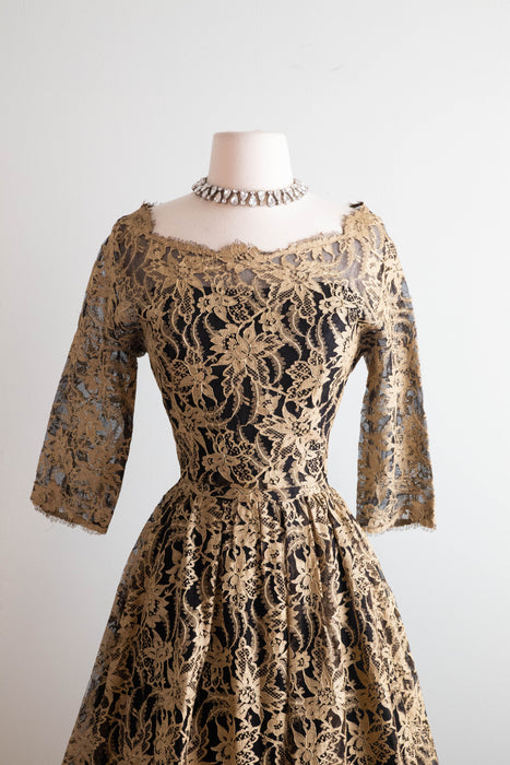 Rare 1950's Jacques Heim Cocktail Dress In Black Net and Gold Thread Lace / M