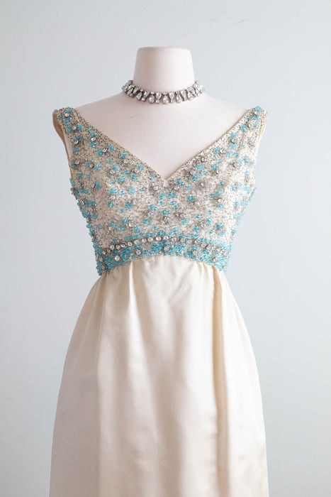 Elegant 1960’s Pat Sandler Beaded Ivory Silk Empire Evening Gown / S