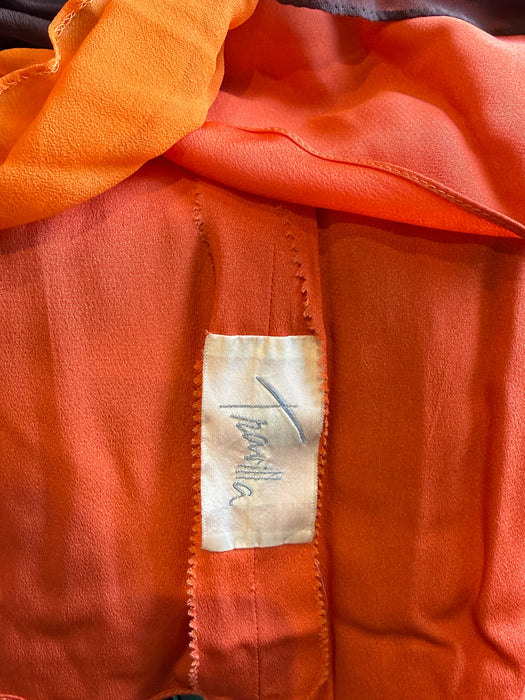 Stunning Late 1950's Travilla Chocolate Orange Silk Chiffon Cocktail Dress / S