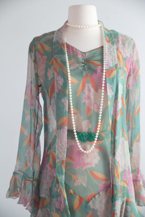 Exquisite Late 1920’s Green Silk Hydrangea Print Dress And Jacket Set / S