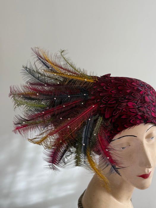 Exquisite 1960’s Jack McConnell Feather Evening Hat - Red Feather Label