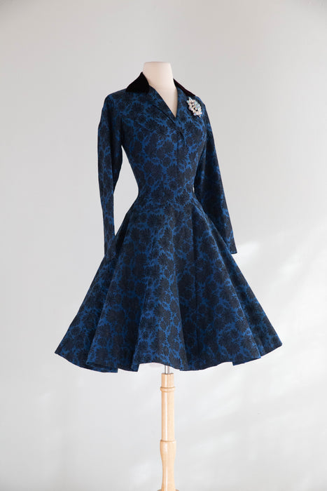 Fabulous Late 1950's Estevez Midnight Blue Brocade Party Dress / S
