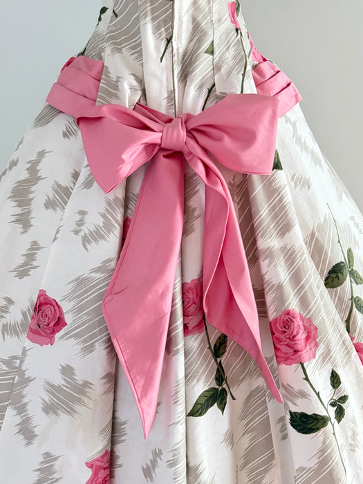 Gorgeous 1950's Polished Cotton Pink Rose Print Dress With Big Pink Bow! SM