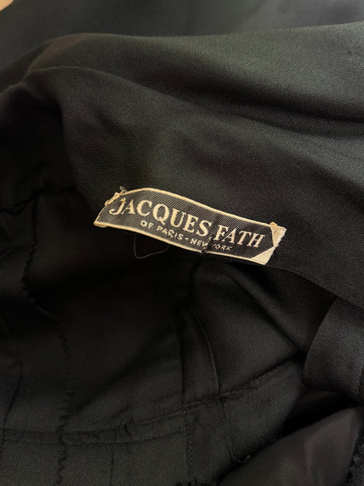 Stunning 1950's Jacques Fath Black Silk Cocktail Dress With Fringe Collar AS IS / Small