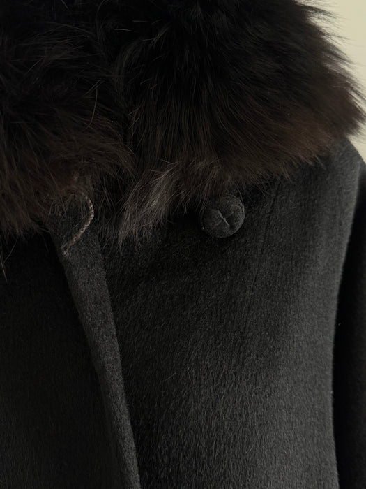 Spectacular 1950's Black Hooded Cocoon Coat With Velvet Lining / M