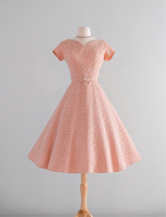 Vintage 1950's Rose Pink & Rhinestone Lace Party Dress / Medium Xtabay Vintage Vintage 1950's Rose Pink & Rhinestone Lace Party Dress / Medium Xtabay Vintage