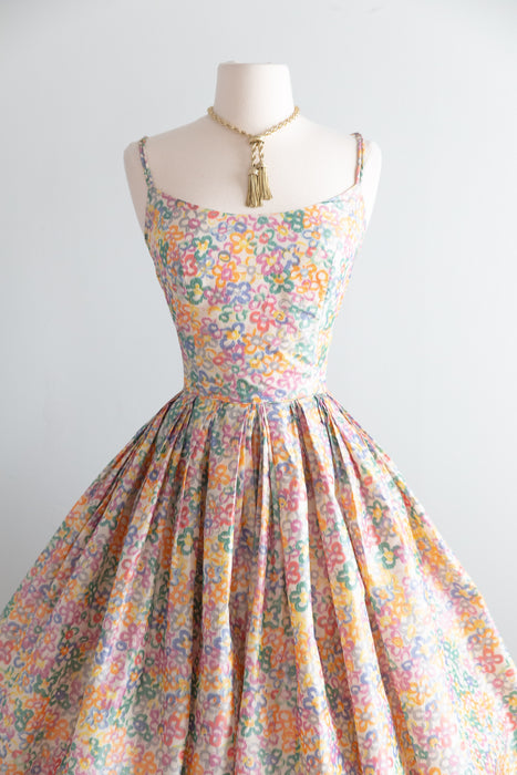 Enchanting 1950’s Pastel Garden Silk Floral Party Dress With Pockets! / Small
