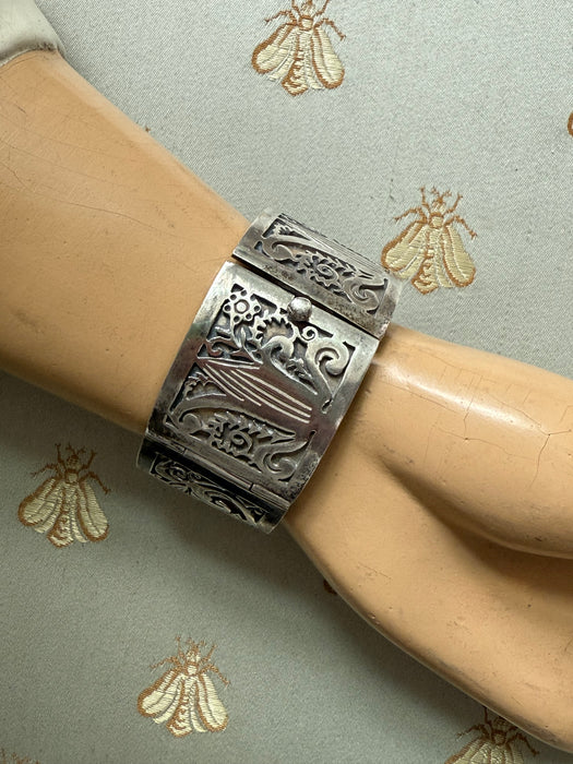 Gorgeous Vintage Wide 1950’s Sterling Silver Bracelet By Talleres De Los Ballestros Mexico