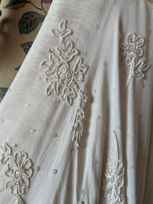 Gorgeous 1940's Martini Designed Ivory Chiffon Evening Gown With Nude Illusion Bodice / SM