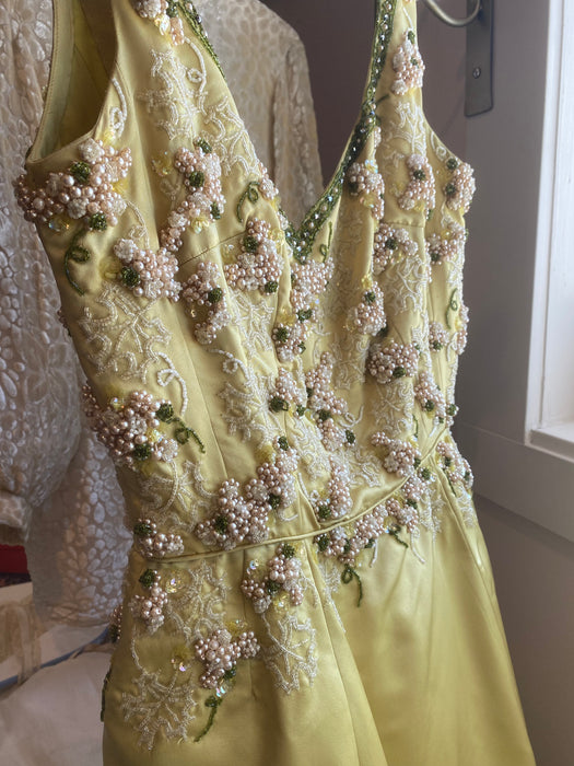 Spectacular Early 1960's Beaded Silk Evening Gown in Lemon Lime / SM