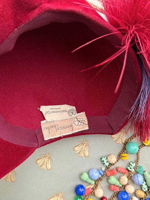 Stunning Scarlet Felt Hat with Feather Pom, circa late 1940s By Bernice Charles