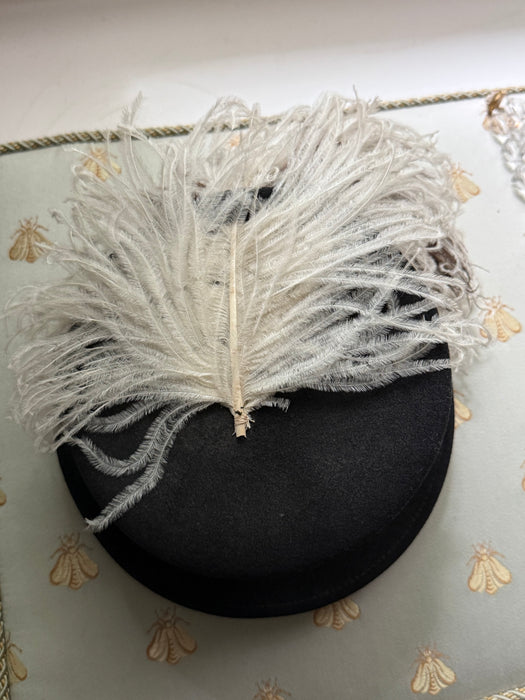 Iconic 1930's Black Felt Tilt Hat With Ostrich Plume / OS