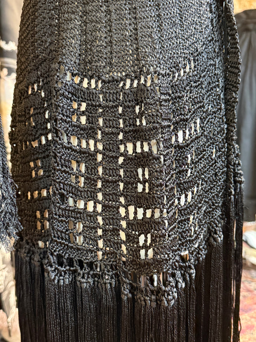 Sinuous 1920’s Black Silk Geometic Crochet Fringed Evening Dress Robe / Small