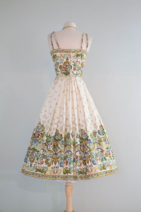 Breathtaking 1950’s Couture Party Dress in a Baroque Inspired Border Print / M