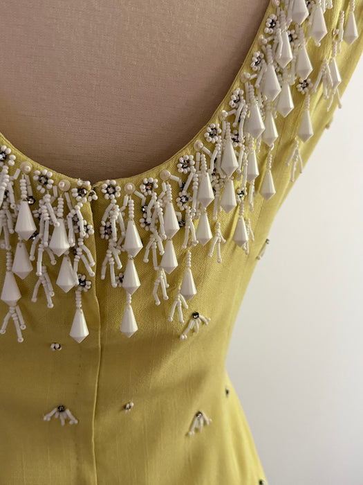 Stunning 1960's Beaded Silk Cocktail Dress In Lemon Meringue / M