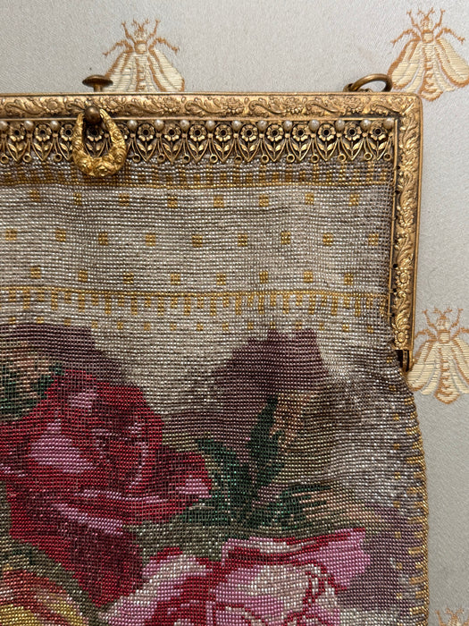 Beautiful Antique Edwardian Rose Micro Beaded Handbag