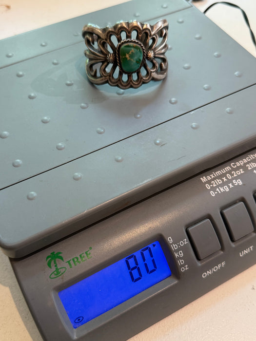Iconic R.S. Mitchell Navajo Sterling Statement Cuff With Green Turquoise Stone
