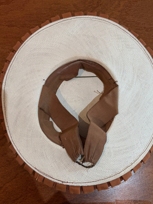 Wonderful 1930s White Straw Tilt Hat with Caramel Grosgrain Trim, Veiling, and Hatpin