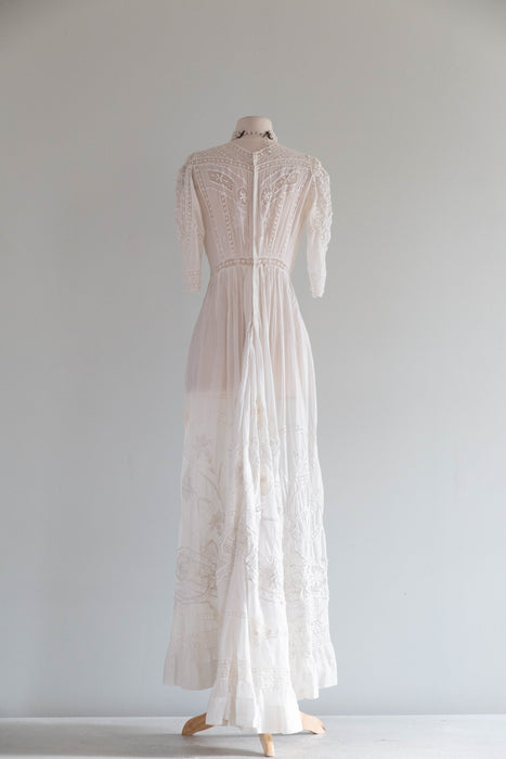 Extraordinary Antique Edwardian Hand Embroidered Wedding Gown / SM