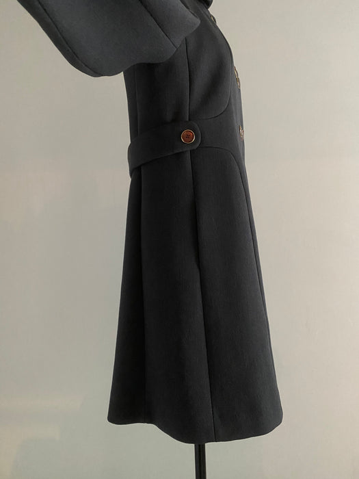 Sublime 1960's Steel Grey Sculpted Wool Coat With Golden Lining / Medium