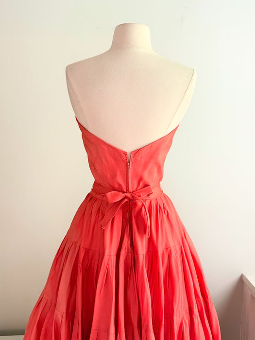 Spectacular 1950's Nettie Rosenstein Persimmon Silk Party Dress / S