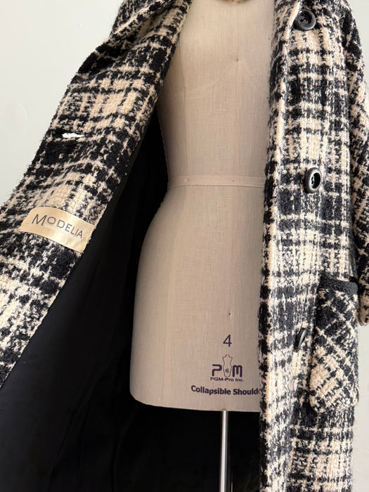 Classic 1960s Modelia Black and Ivory Wool Boucle Cocoon Coat / M