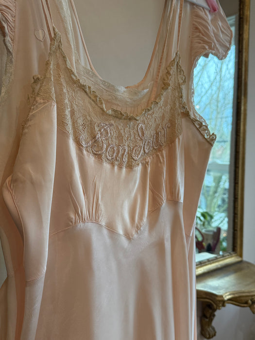 Rare 1940's Ballet Pink Rayon Slip "Bon Jour" / Small
