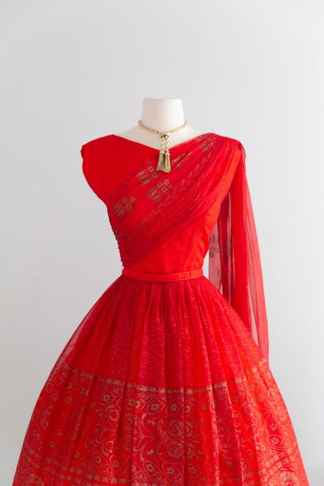 Glamorous 1950’s Sari Inspired Red & Gold Chiffon Party Dress | S