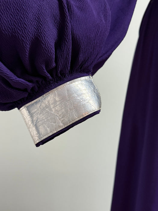 Iconic 1930's Art Deco Aubergine Crepe Evening Gown With Silver Leather Accents / SM