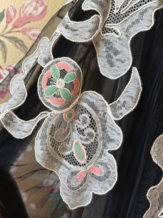 Exquisite 1950's Black Strapless Party Dress With Lace Appliqué & Embroidery By Alfandri / Small