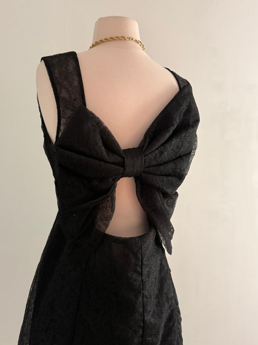 Vintage Valentino Sheer Black Lace Cocktail Dress With Open Bow Back / M