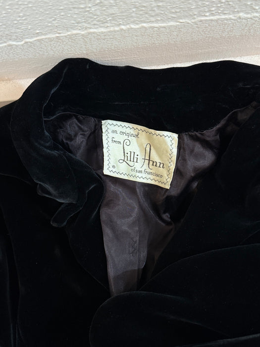 Exquisite 1950's Lilli Ann Black Velvet Swing Coat With Rhinestone Cuffs / ML