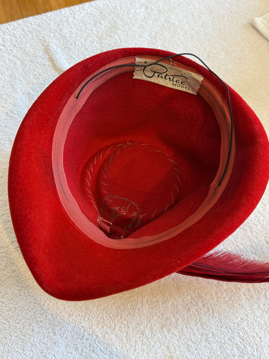 Dramatic Patrice Model Vintage Red Felt Hat with Sweeping Feather Plume