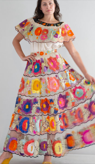 Rare 1940's Mexican Chiapas Two Piece Traditional Skirt & Blouse Gala Dress Set / Medium