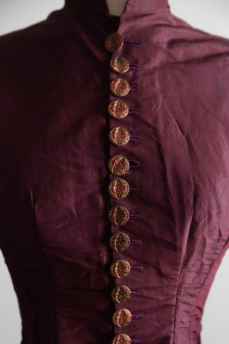 Antique 1880s Bustle Era Two-Piece in Aubergine Silk Taffeta with Celestial Buttons / XS