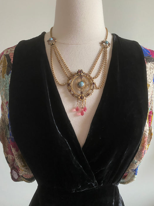 Exquisite 1930's Floral Lame & Silk Velvet Evening Gown / Large