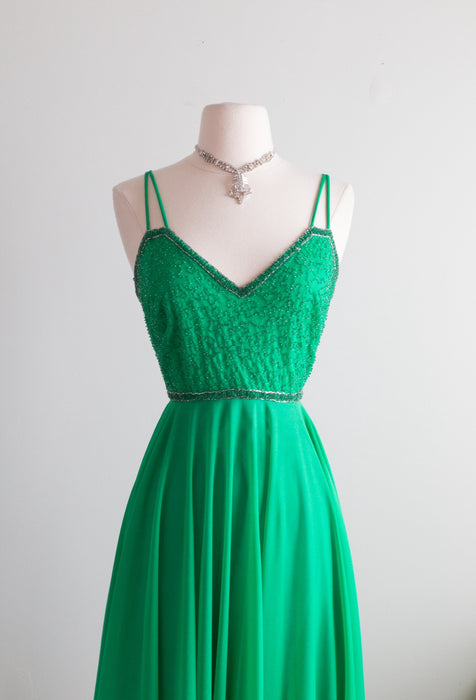 Wonderful 1970's Kelly Green Beaded Party Dress / Sz M