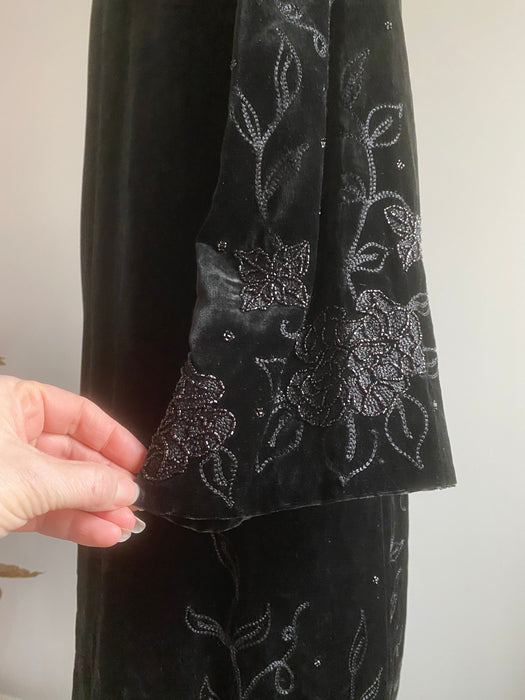 Exquisite 1920's Black Velvet Opera Coat With Jet Embroidery From Au Bon Marche' Paris