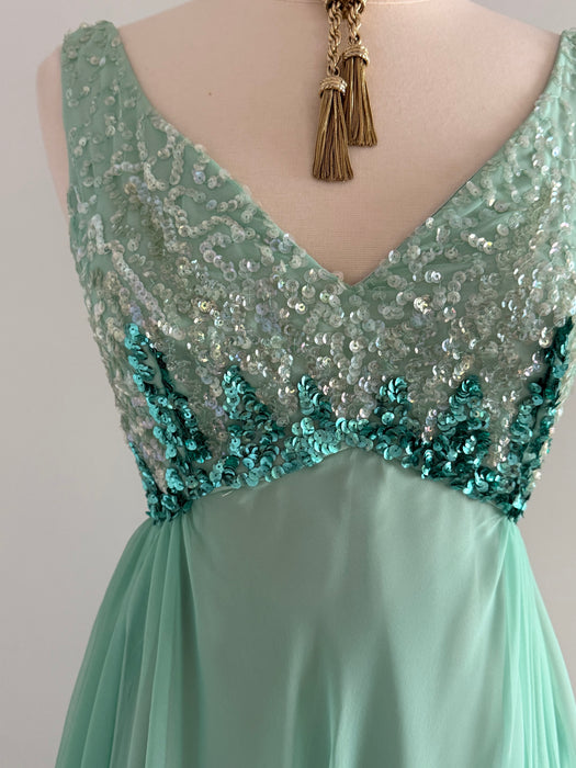 Stunning 1960's Sea Glass Sequined Chiffon Evening Gown / S