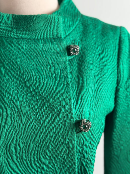 Chic 1960's Emerald Green Brocade Evening Coat / M