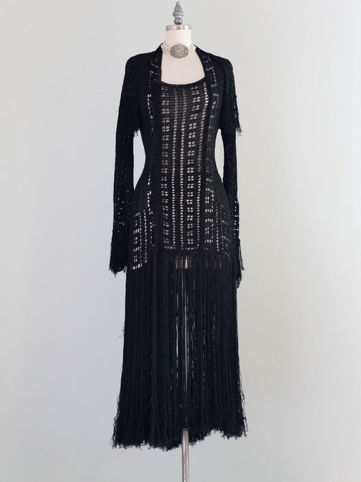 Sinuous 1920’s Black Silk Geometic Crochet Fringed Evening Dress Robe / Small