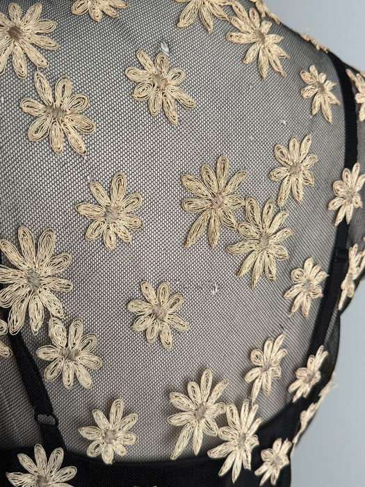 Divine 1930's Daisy Embroidered Black English Net Sheer Evening Dress / M