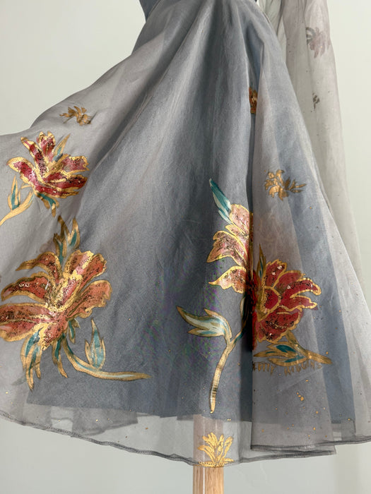 Rare 1950's Betty Higgins Original Hand Painted Silk Organza Hawaiian Cocktail Dress / S