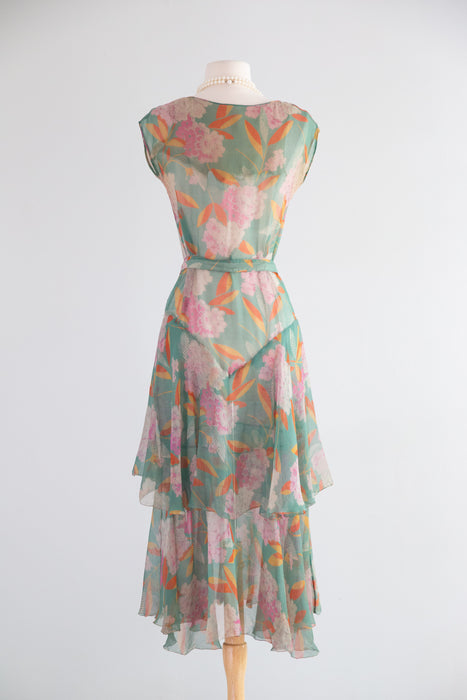 Exquisite Late 1920’s Green Silk Hydrangea Print Dress And Jacket Set / S